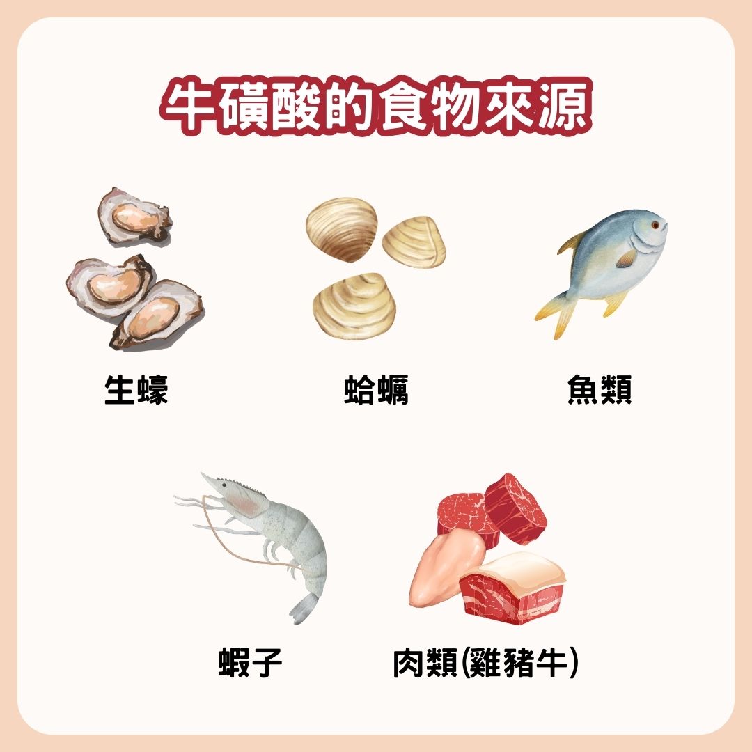 牛磺酸可從動物性食物攝取到，如：海鮮類（生蠔、蛤蠣、魚、蝦）或肉類（雞、豬、牛）。植物性牛磺酸的來源及含量，則比較少見，如：藻類等。